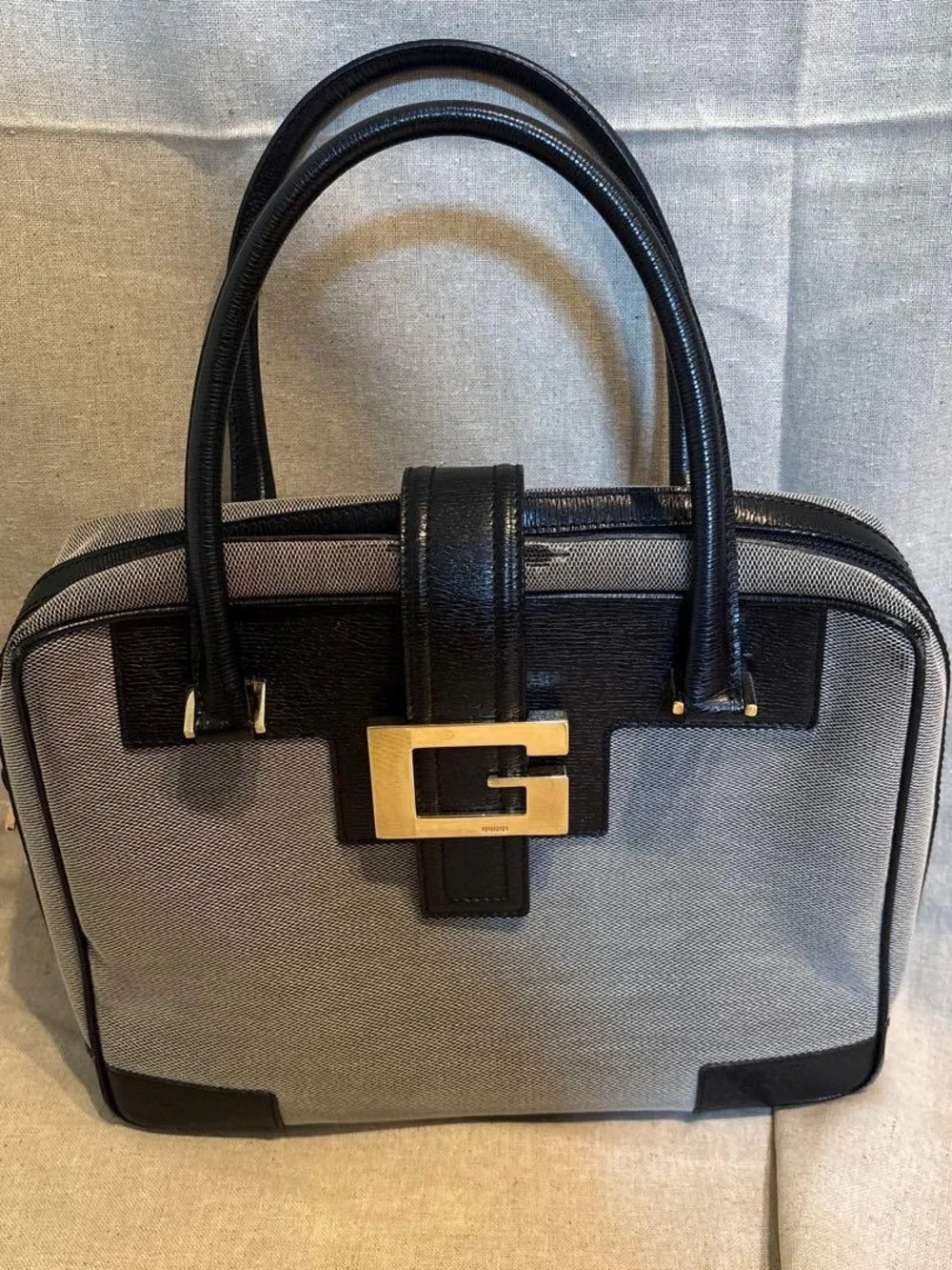 Vintage Gucci Gray Canvas Satchel with Black Leather Trim and Gold Hardware